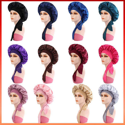 Amazon Cross-Border Satin Sleep Cap with Wide Brim for Hair Care, European and American Fabric Shower Cap for Women, Single-Layer Long-Tail Ribbon Winter Hat - image 2