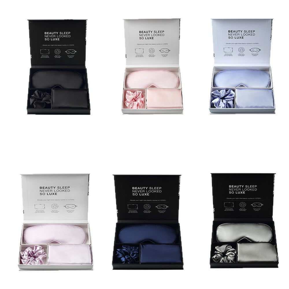 Satin imitation silk three-piece set: eye mask, hair tie, pillowcase, headband, blackout, foreign trade box set with logo - image 5