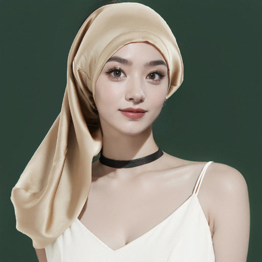 Cross-border Hot-selling Silk Lace-up Nightcap Mulberry Silk Ribbon Long Tube Home Hair Care Hat - image 2