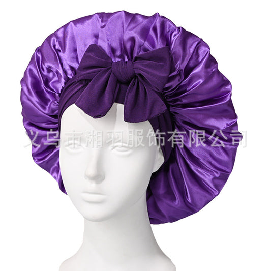 Cross-Border Satin Sleeping Cap Imitation Silk Sleeping Cap Satin Wide Hat Bow Sleeping Women's Curly Hair Cap - image 2