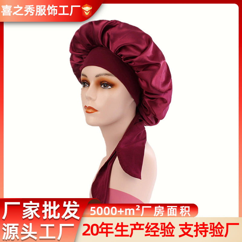 Amazon Cross-Border Satin Sleep Cap with Wide Brim for Hair Care, European and American Fabric Shower Cap for Women, Single-Layer Long-Tail Ribbon Winter Hat - image 1