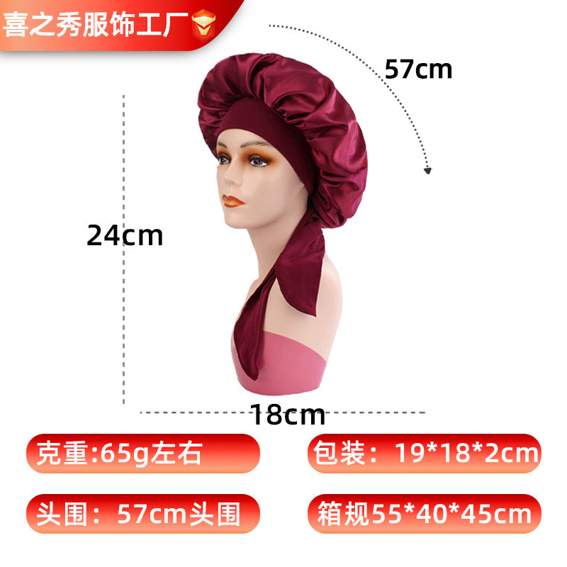 Amazon Cross-Border Satin Sleep Cap with Wide Brim for Hair Care, European and American Fabric Shower Cap for Women, Single-Layer Long-Tail Ribbon Winter Hat - image 4