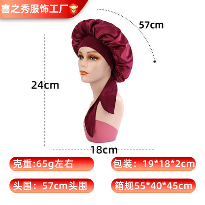Amazon Cross-Border Satin Sleep Cap with Wide Brim for Hair Care, European and American Fabric Shower Cap for Women, Single-Layer Long-Tail Ribbon Winter Hat - image 4