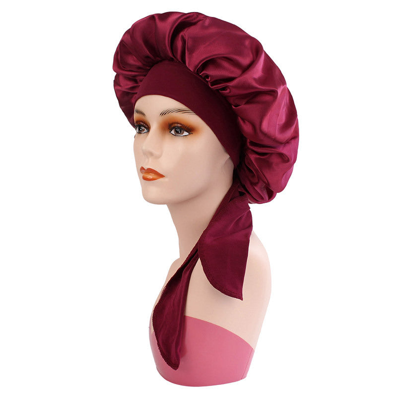 Amazon Cross-Border Satin Sleep Cap with Wide Brim for Hair Care, European and American Fabric Shower Cap for Women, Single-Layer Long-Tail Ribbon Winter Hat - image 5