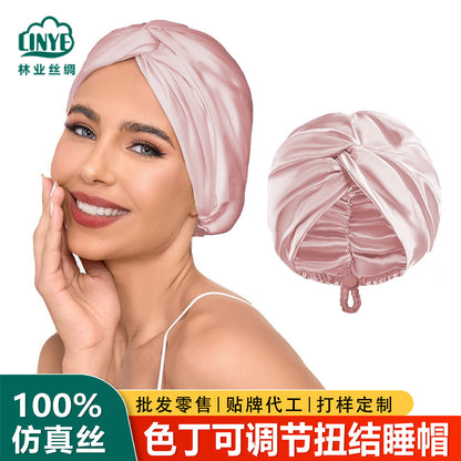 Cross-Border Double-Layer Adjustable Satin Imitation Silk Hair Care Cap, Satin Makeup Cap, Satin Twist Knot Sleep Cap - image 1