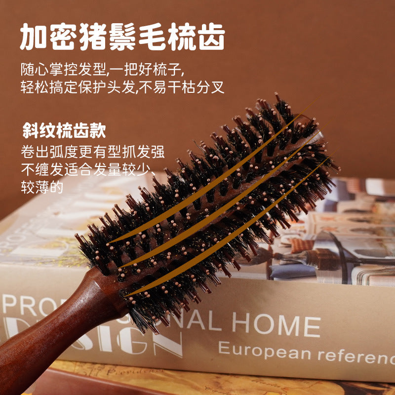 Hemuk Wood Boar Bristle Hair Care Curling Comb for Salon and Home Use, Volumizing Styling Roller Comb, Solid Wood Smoothing and Cleaning Hair Comb - image 4