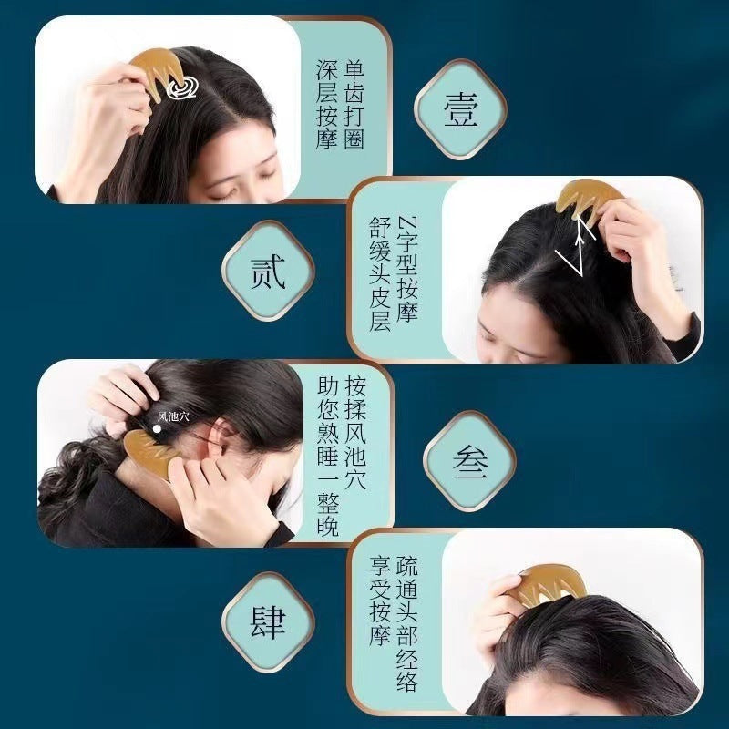 Natural Horn Five-Tooth Comb for Head Massage, Wide-Tooth Meridian Comb, Hair Therapy Comb, Household Comb, Gua Sha Board, Anti-Static - image 2
