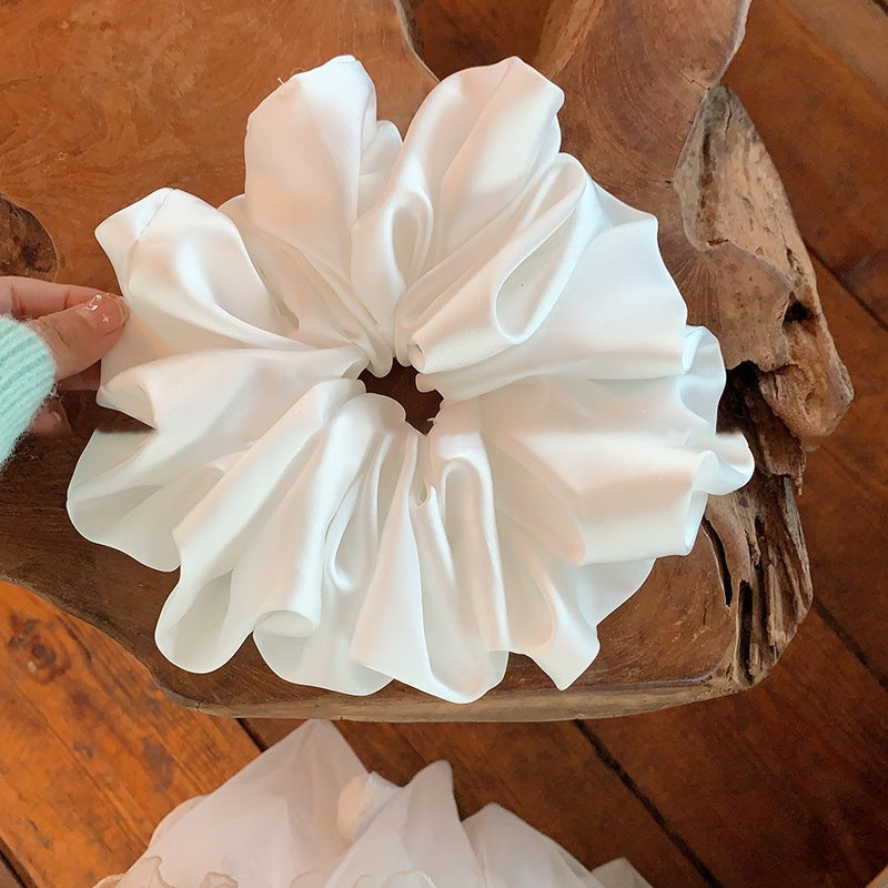 Extra-Large Pure White First-Love-Style Girly Scrunchie with Pleats, Anti-Slip Silk-Like High-End Hair Tie, Satin Hair Rope - image 3