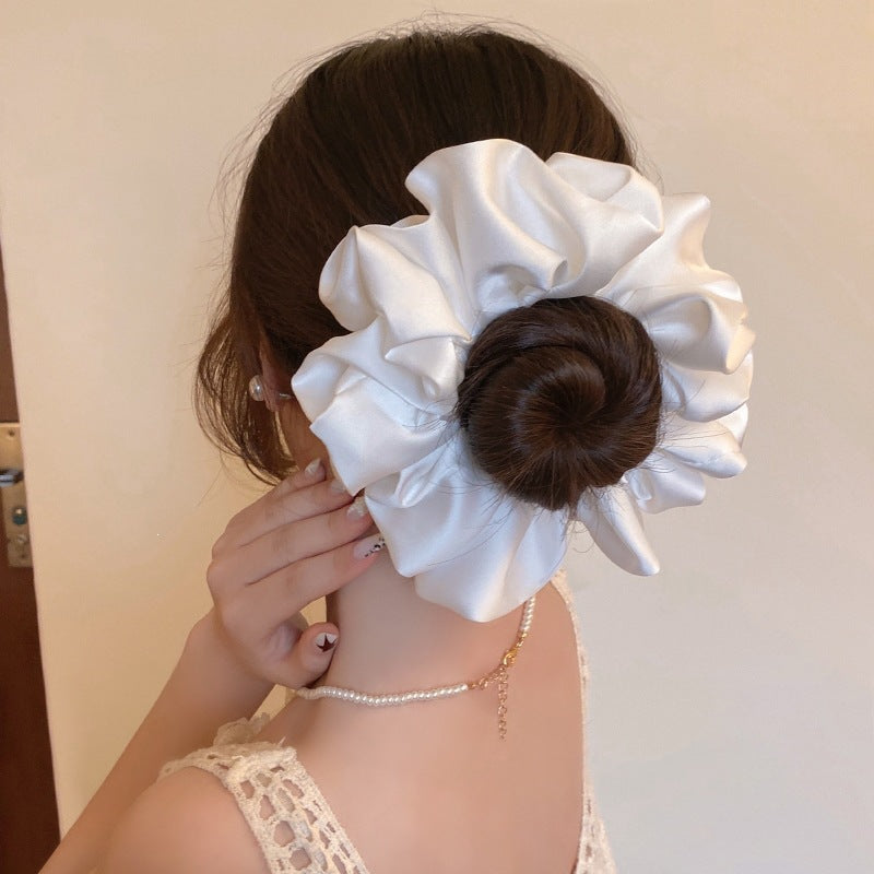 Extra-Large Pure White First-Love-Style Girly Scrunchie with Pleats, Anti-Slip Silk-Like High-End Hair Tie, Satin Hair Rope - image 4