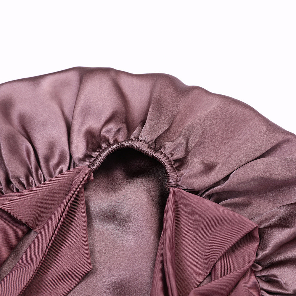 Cross-border silk sleep cap, 100% mulberry silk hat, original top women's double-layer silk knitted tie-back cap, hair protection cap, sleep cap - image 2