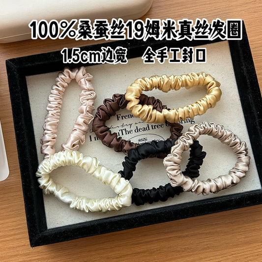 Fully handmade 19 momme silk hair tie, 1.5cm wide, 100% mulberry silk, elegant French-style thin hair band - image 1