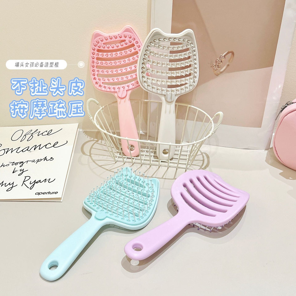 Cat-face ribbed comb, hollowed-out, portable, volumizing, women's high-crown hair styling massage comb, anti-static air cushion comb - image 1