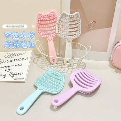 Cat-face ribbed comb, hollowed-out, portable, volumizing, women's high-crown hair styling massage comb, anti-static air cushion comb - image 1