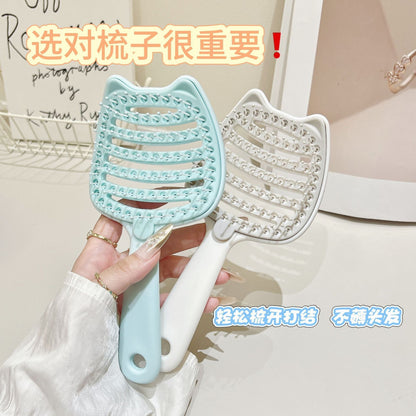 Cat-face ribbed comb, hollowed-out, portable, volumizing, women's high-crown hair styling massage comb, anti-static air cushion comb - image 3