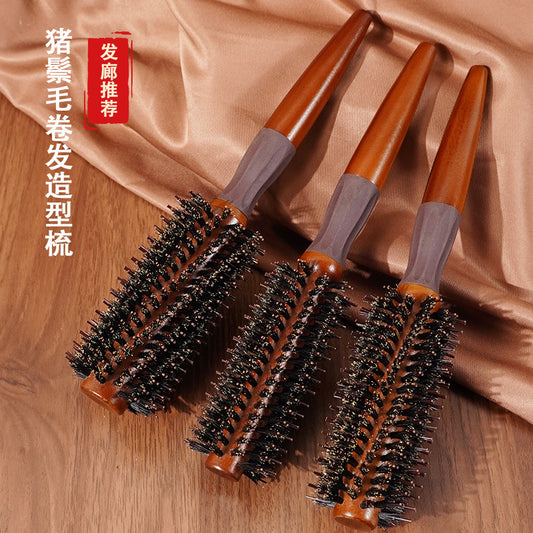 Hemuk wood bristle comb for women, for straightening hair, creating volume, anti-slip rubber ring roller comb, solid wood curling comb - image 1