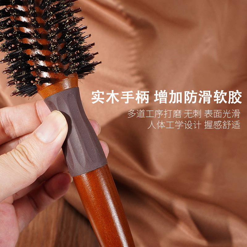 Hemuk wood bristle comb for women, for straightening hair, creating volume, anti-slip rubber ring roller comb, solid wood curling comb - image 4