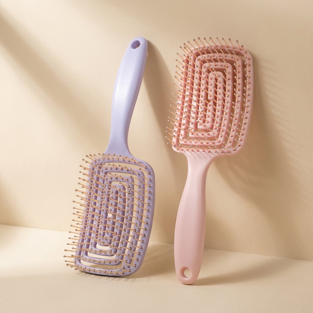 Plastic hairbrush with a large curved shape and hollow ribbed design