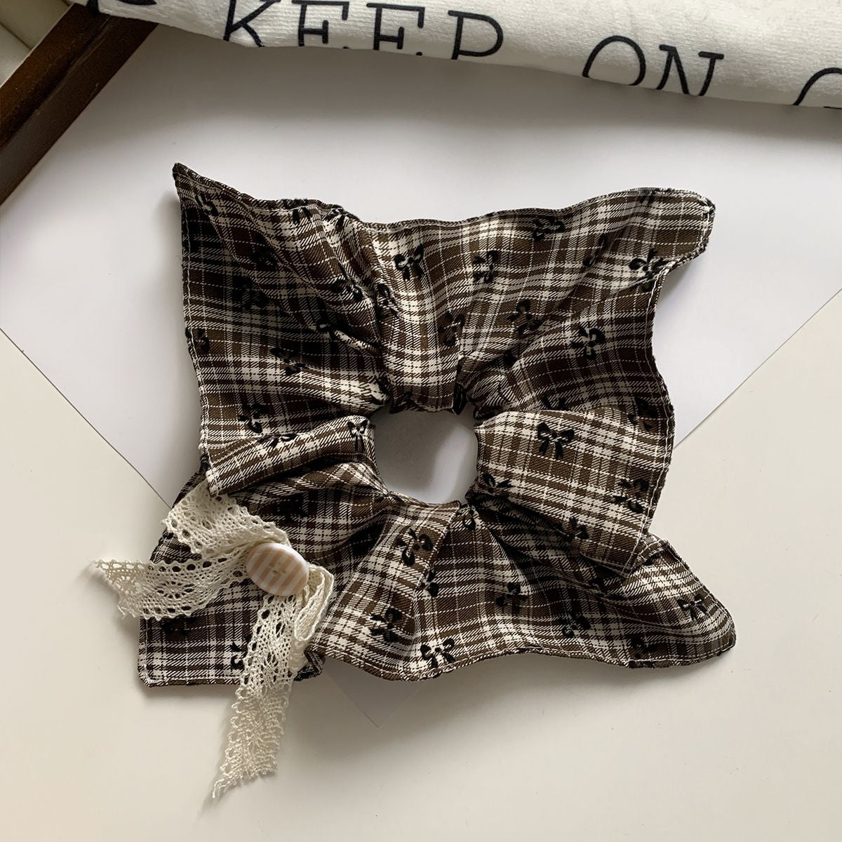 Hair Band-square Retro Checked Lace Buttons-coffee Color-all Polyester-