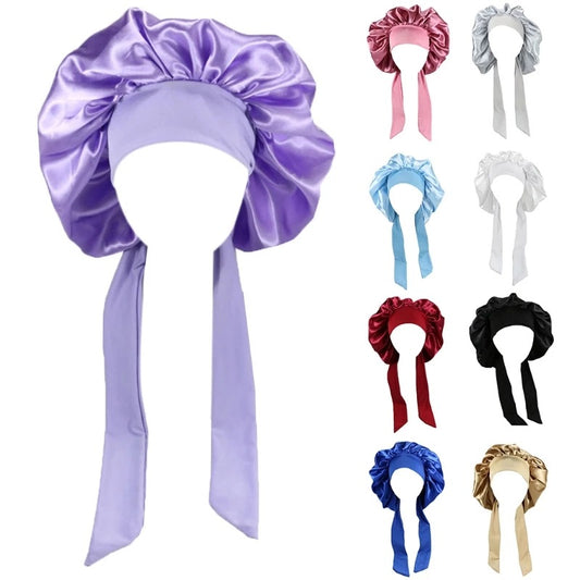 Amazon lace-up nightcap artificial silk home hat confinement cap long hair care silk nightcap Maternity maternity hat - image 1