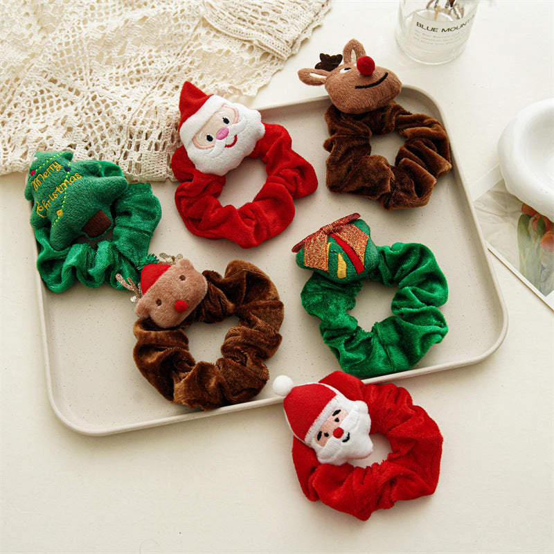 Christmas cartoon head plush large intestine velvet ring spot European and American Santa Elk Plush Hair ring hair accessories - image 1