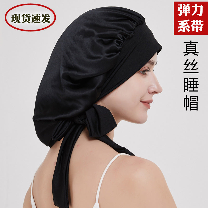 Amazon 100 Silk Crepe Satin Hair Care Wide-brimmed Lace-up Adjustable Elastic Large Silk Nightcap - image 1
