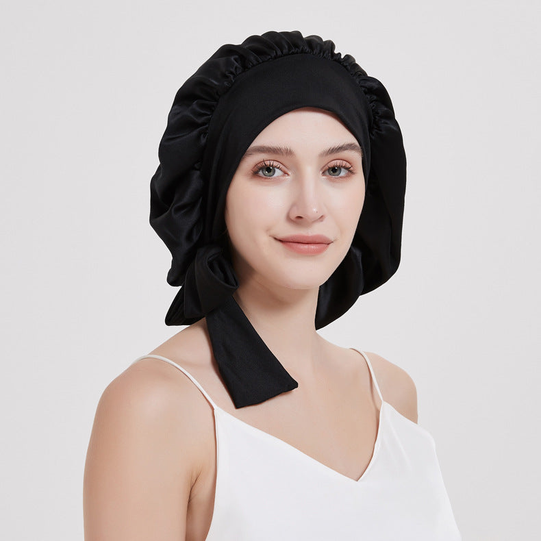 Amazon 100 Silk Crepe Satin Hair Care Wide-brimmed Lace-up Adjustable Elastic Large Silk Nightcap - image 3