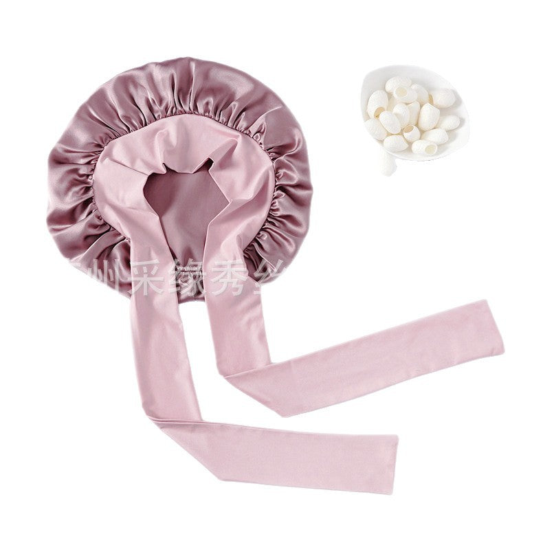 Amazon 100 Silk Crepe Satin Hair Care Wide-brimmed Lace-up Adjustable Elastic Large Silk Nightcap - image 5