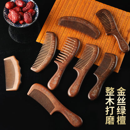 Golden Sandalwood Comb, Household Long-Handled Carved Comb, Fine-Toothed Comb for Men and Women, Long Hair Gift, Sandalwood Comb Wholesale - image 1