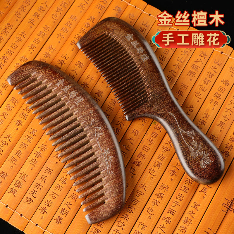Golden Sandalwood Comb, Household Long-Handled Carved Comb, Fine-Toothed Comb for Men and Women, Long Hair Gift, Sandalwood Comb Wholesale - image 2