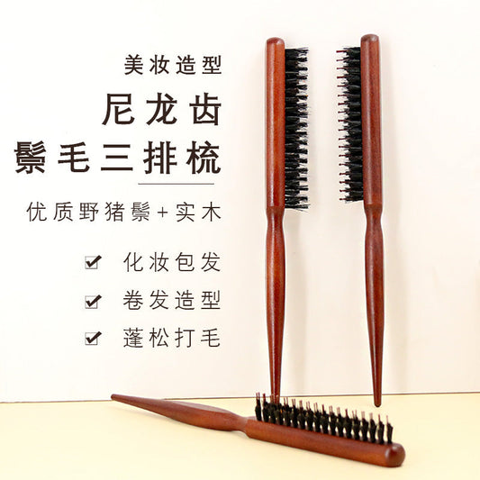 Cross-Border Boar Bristle Comb, Full Boar Bristle Comb, Three-Row Comb, Nylon Tooth Styling, Hair Comb, Hair Comb - image 1