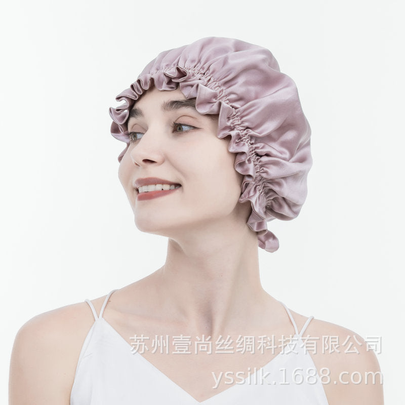 Amazon Double Layer Silk Nightcap 100 Mulberry Silk Round Hat Lace-up Hat Japanese Hat Silk Hair Care Moon Hat - image 1
