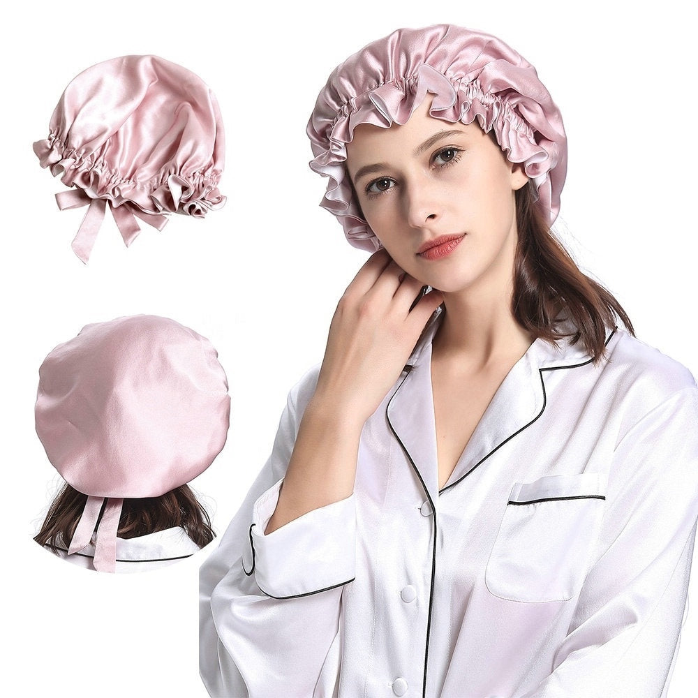 Amazon Double Layer Silk Nightcap 100 Mulberry Silk Round Hat Lace-up Hat Japanese Hat Silk Hair Care Moon Hat - image 4
