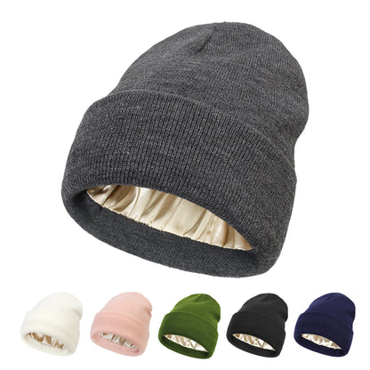 2022 European and American Autumn and Winter New Hats Cross-Border Women's Hair Protection Warm Knitted Satin Hat Woolen Hat - image 1