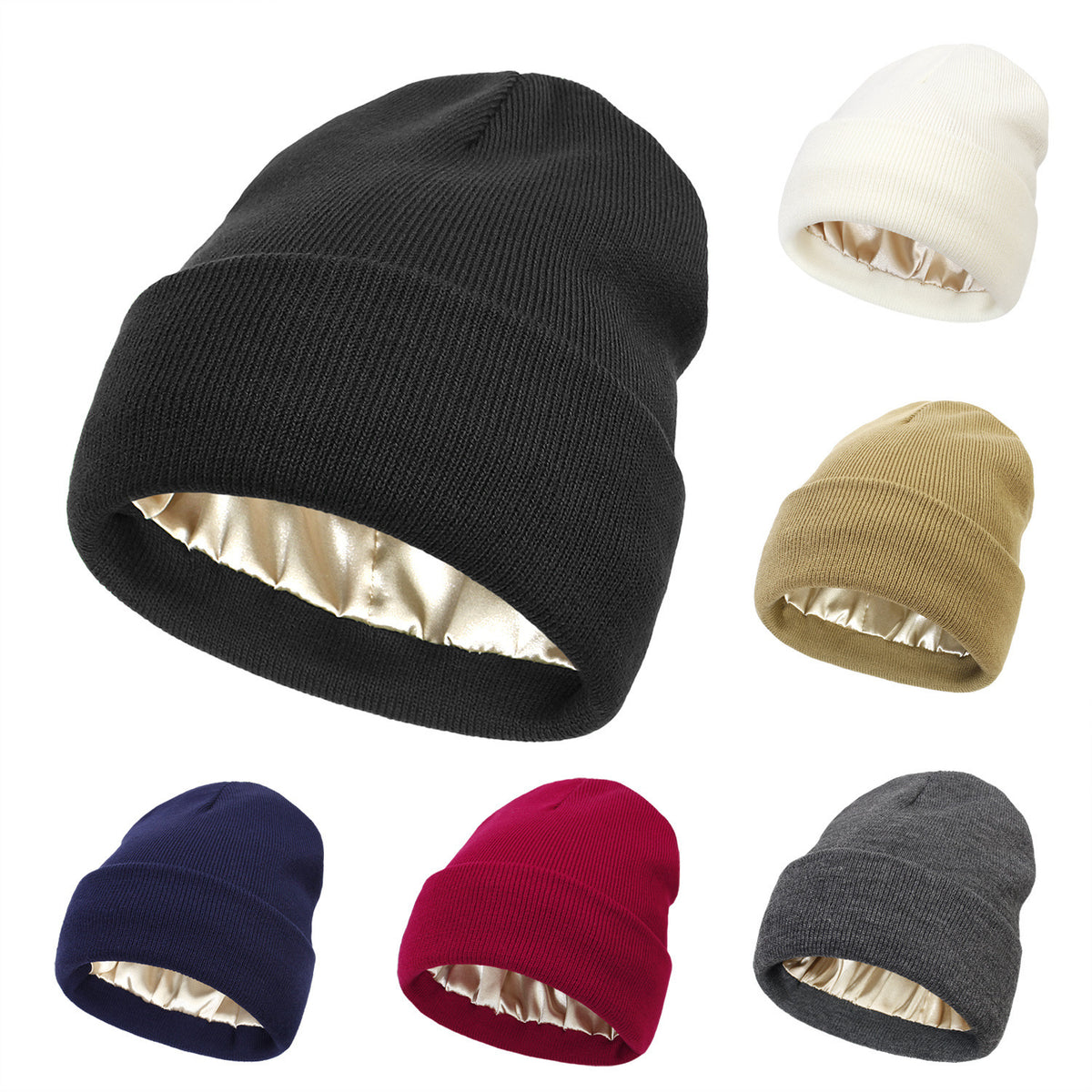 2022 European and American Autumn and Winter New Hats Cross-Border Women's Hair Protection Warm Knitted Satin Hat Woolen Hat - image 2