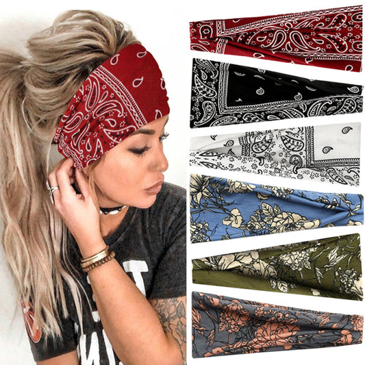 European and American sports hair band women's yoga print elastic hair band Amazon bohemian wide-brimmed turban hair accessories - image 1