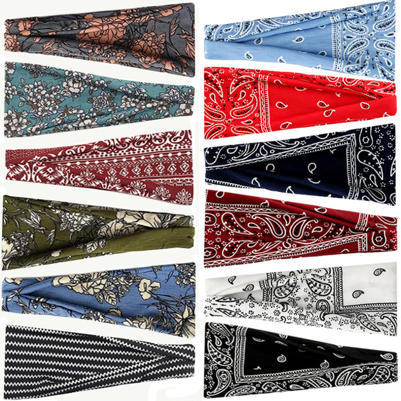 European and American sports hair band women's yoga print elastic hair band Amazon bohemian wide-brimmed turban hair accessories - image 3