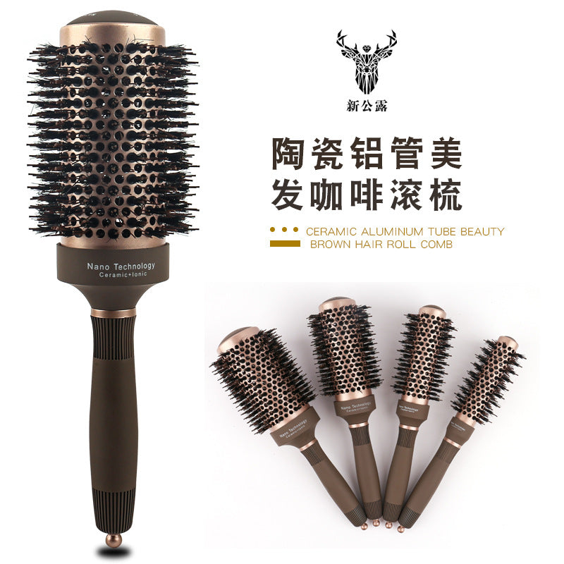 Hairdressing ceramic aluminum tube curly hair styling comb pig mane nylon brown cylinder hairdressing comb wholesale roll comb curly hair - image 1