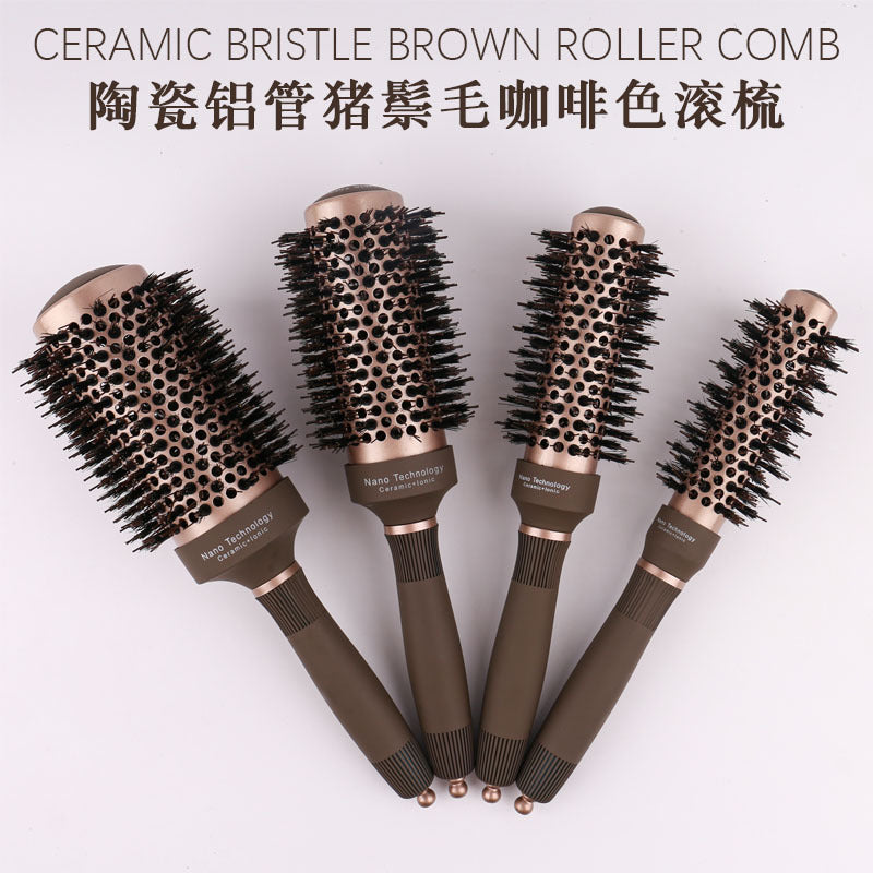 Hairdressing ceramic aluminum tube curly hair styling comb pig mane nylon brown cylinder hairdressing comb wholesale roll comb curly hair - image 2