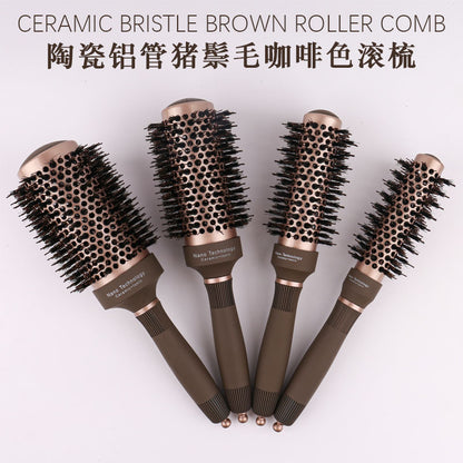 Hairdressing ceramic aluminum tube curly hair styling comb pig mane nylon brown cylinder hairdressing comb wholesale roll comb curly hair - image 2
