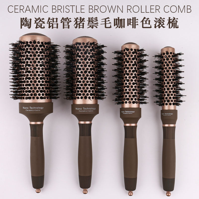 Hairdressing ceramic aluminum tube curly hair styling comb pig mane nylon brown cylinder hairdressing comb wholesale roll comb curly hair - image 4
