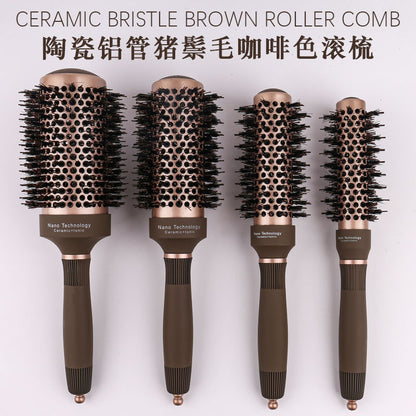 Hairdressing ceramic aluminum tube curly hair styling comb pig mane nylon brown cylinder hairdressing comb wholesale roll comb curly hair - image 4
