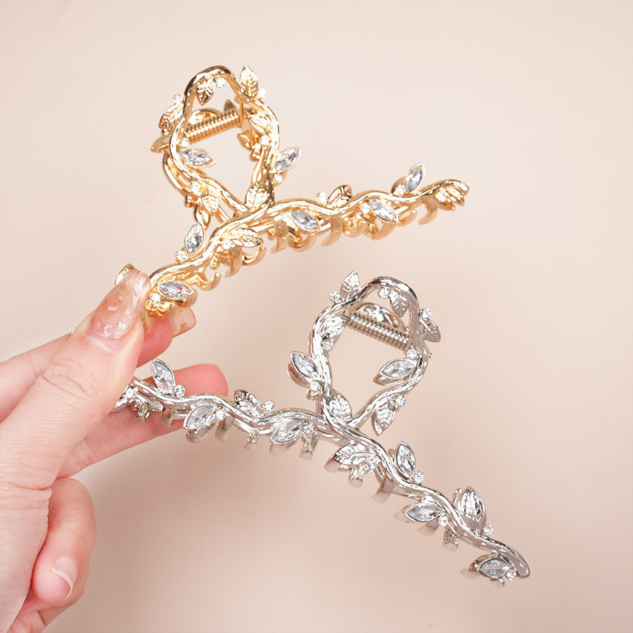 Korean alloy rhinestone grip clip leaves high-end sweet hair accessories hair clip hair accessories shark clip back of the head - image 3