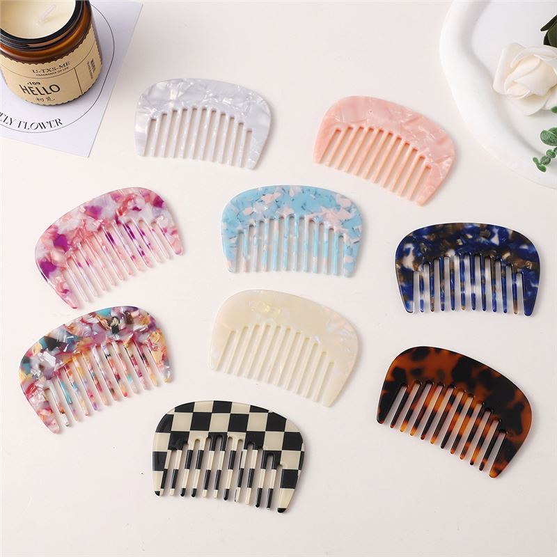 Texted Marble Acetic Acid Plate Wide Teeth U-Shaped Mini small size Hair Comb Japanese and Korean Style Retro Girl Hair Comb - image 1