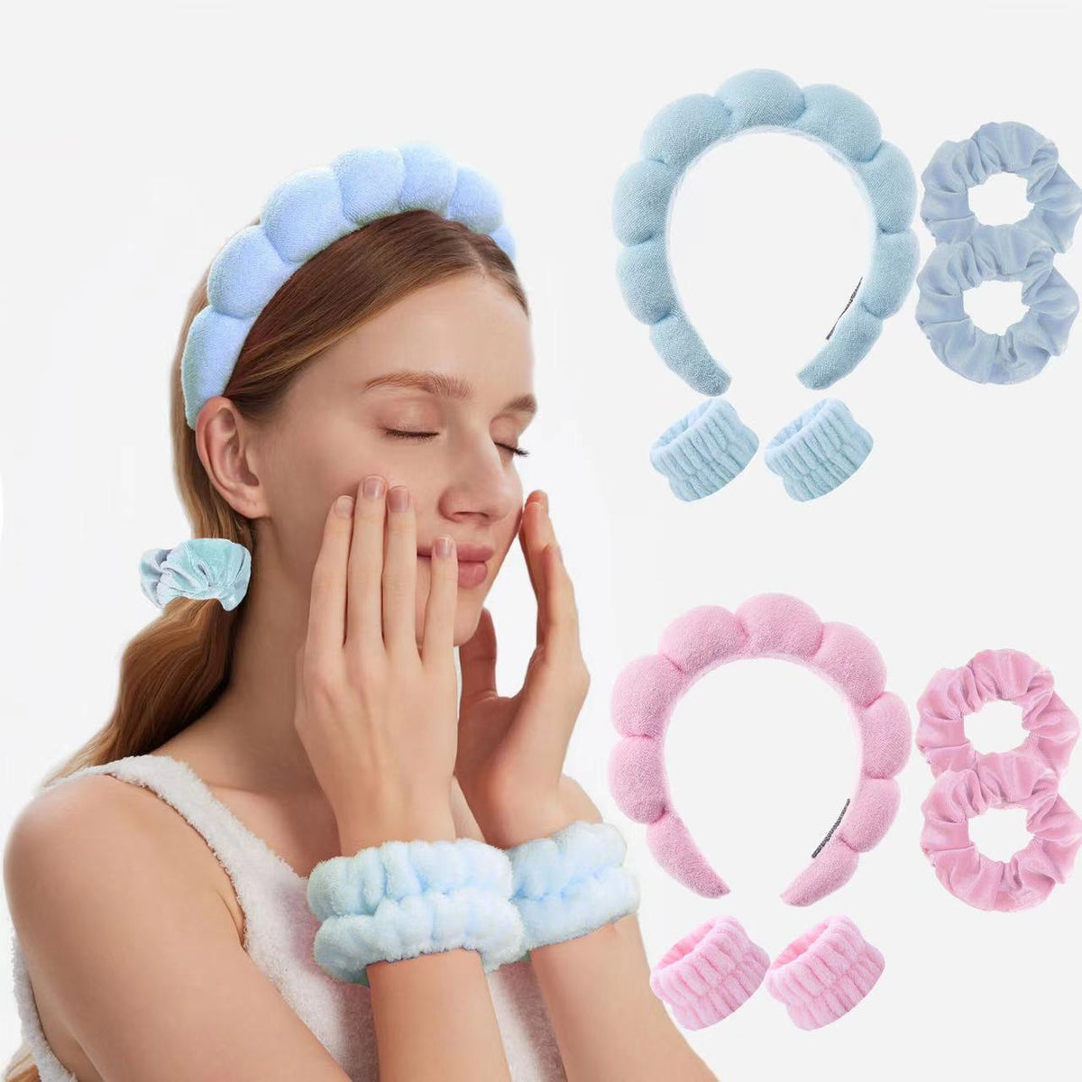 Amazon Wash Face Wrist Band Explosions Hair Band suit High Cranial Top Sponge Twist Cloud Headband Combination Hair Accessories - image 1