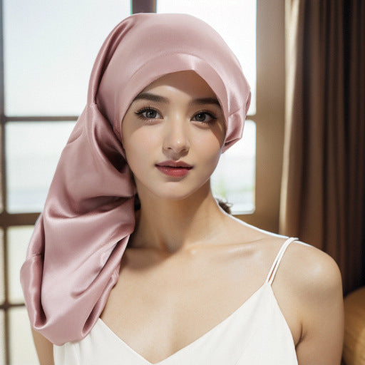 Cross-border Hot-selling Silk Lace-up Nightcap Mulberry Silk Ribbon Long Tube Home Hair Care Hat - image 1