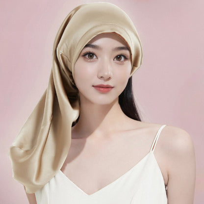 Cross-border Hot-selling Silk Lace-up Nightcap Mulberry Silk Ribbon Long Tube Home Hair Care Hat - image 3