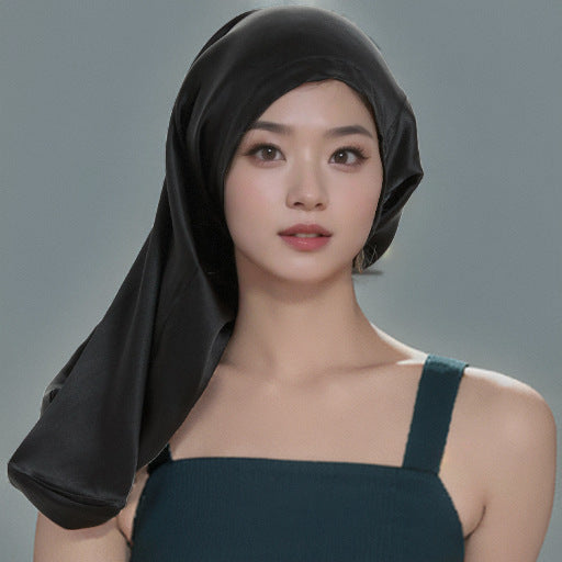 Cross-border Hot-selling Silk Lace-up Nightcap Mulberry Silk Ribbon Long Tube Home Hair Care Hat - image 4