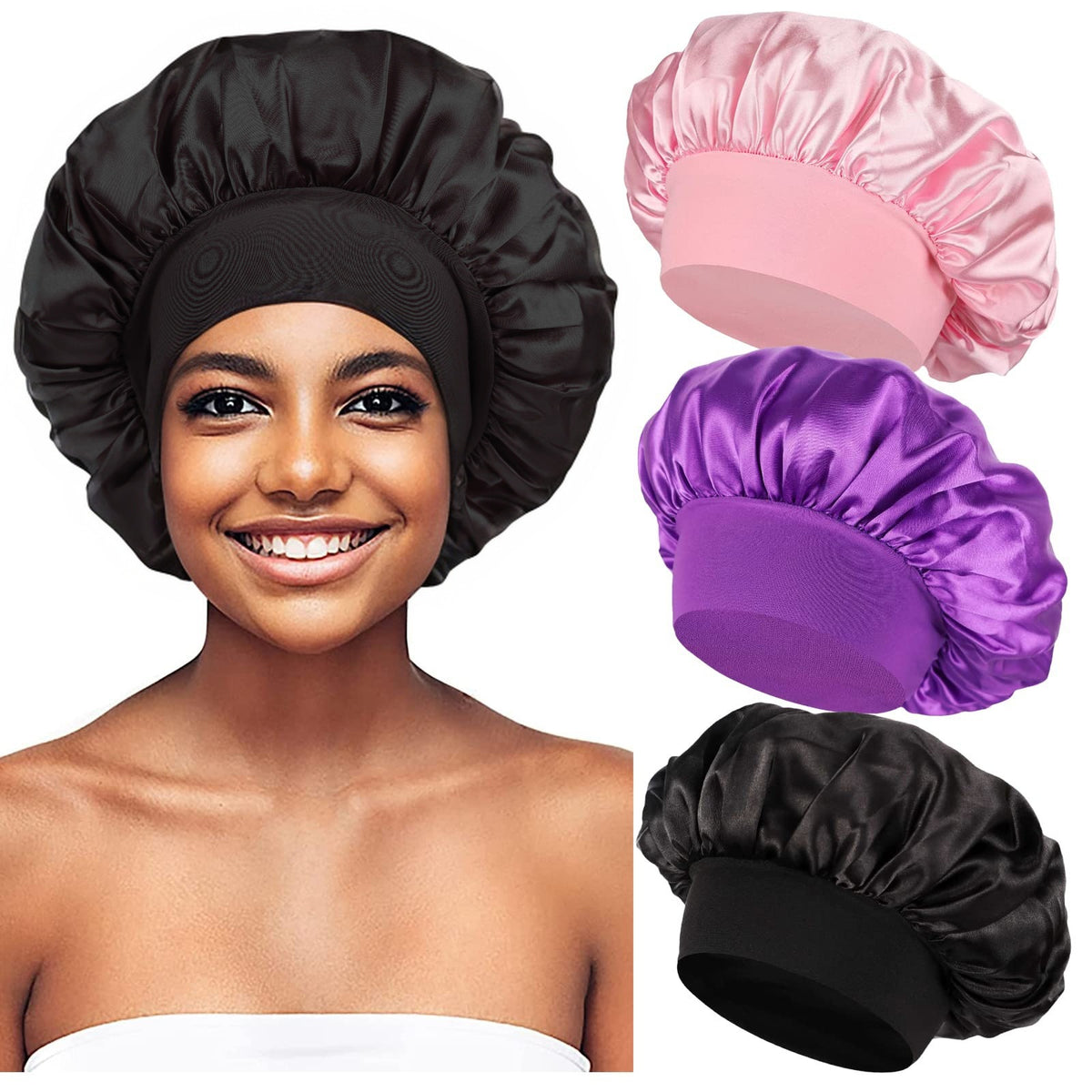 Amazon Women's Wide-brimmed High Stretch Hat Satin Nightcap Hair Shower Cap High-end Material Satin Hair Care Cap - image 1