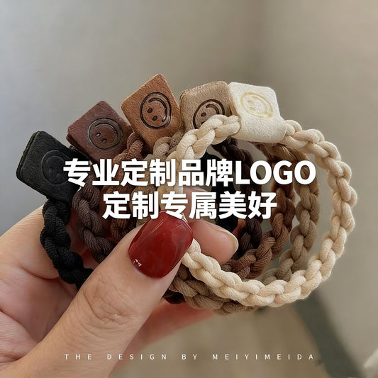 South Korea milk brown Twist Hair Rope Simple Smiley Face Leather Label Hair Ring Hair Rubber Band High Elastic Hair Rope Hair Accessories - image 1