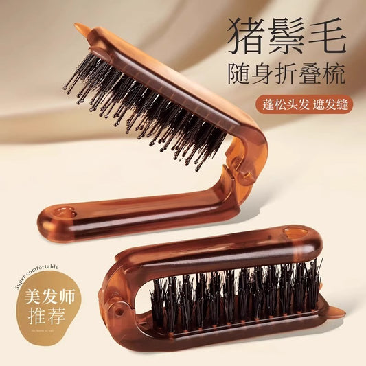 Amber-Colored Folding Comb with Imitation Boar Bristles That Won'T Hurt the Scalp, Small and Portable Travel Folding Comb with Boar Bristles - image 1